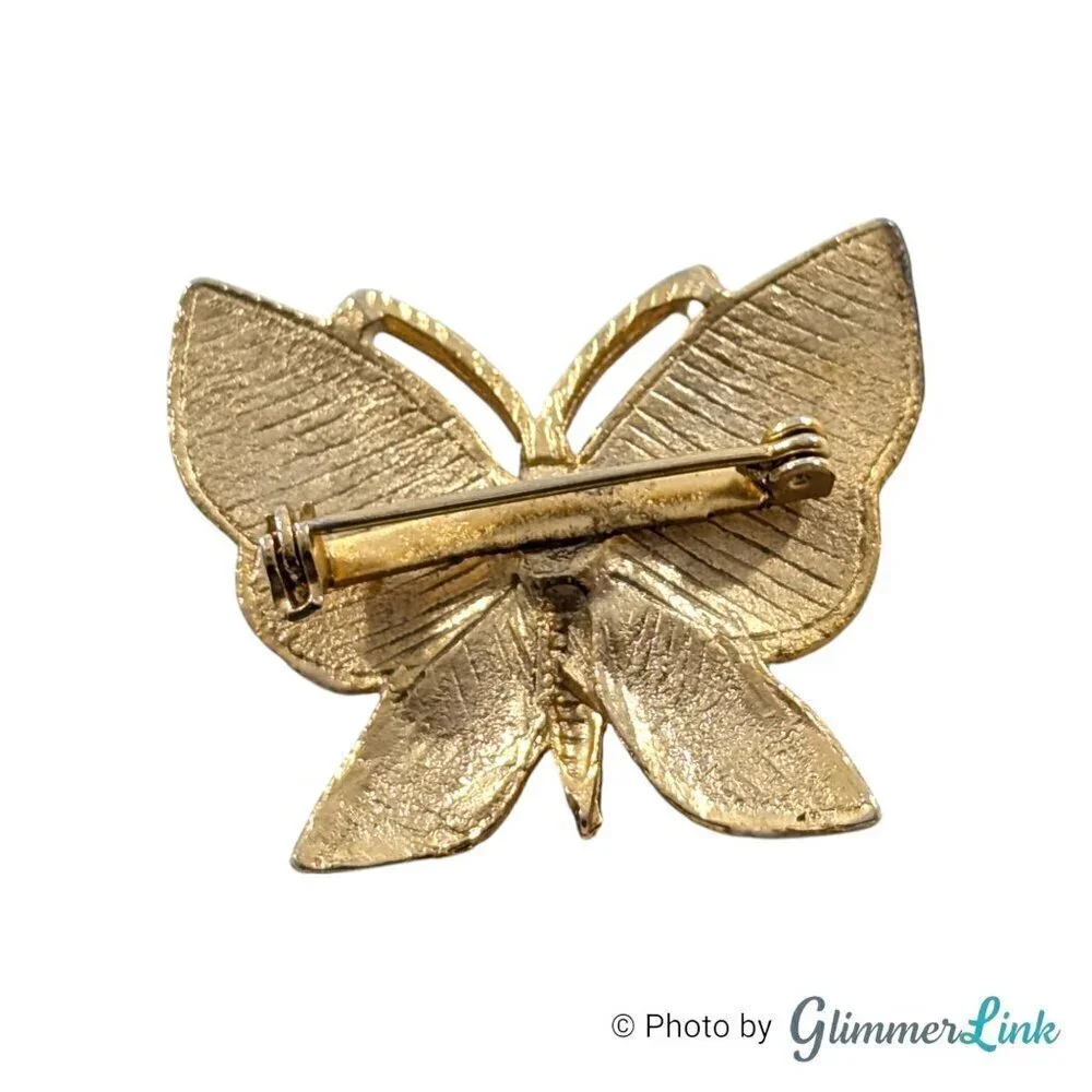Vintage Cream Butterfly Purple Rose Flowers Hand Painted Enamel Gold Tone Brooch